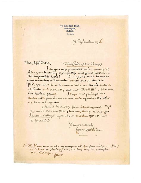 A One Page Handwritten Letter Signed Jrr Tolkien To Terence Tiller