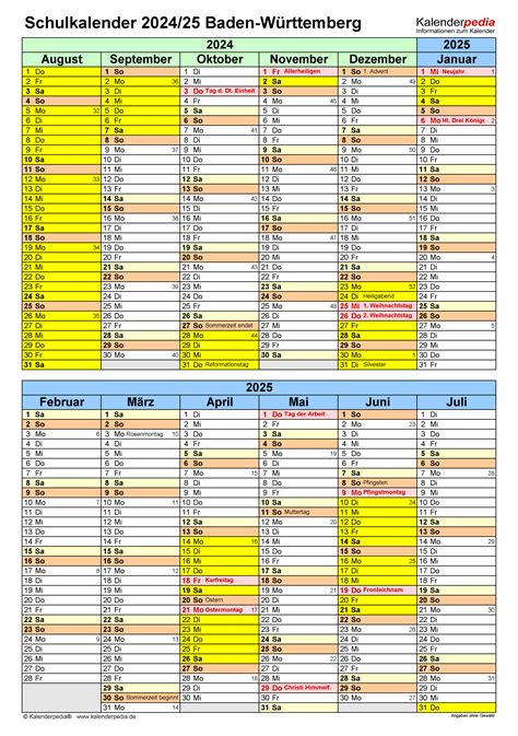 Schulkalender 20242025 Baden Württemberg Für Excel