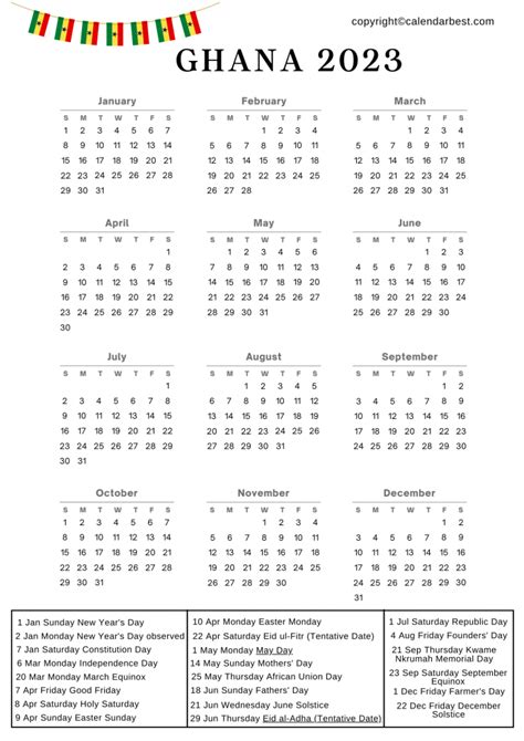 Ghana Calendar 2023 With Holidays Free Printable In Pdf