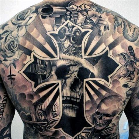 Large Black Ink Back Tattoo Of Human Cross And King Skeleton