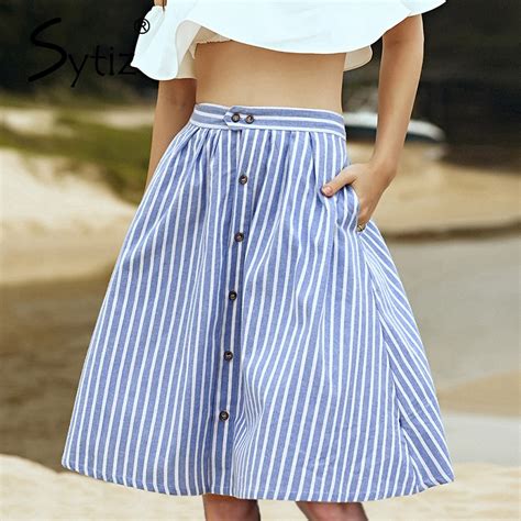 Sytiz Striped A Line Blue Single Breasted Skirt Women New Arrival 2017 Summer Cute Casual Knee