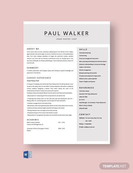 Pastry Chef Resume Template Word