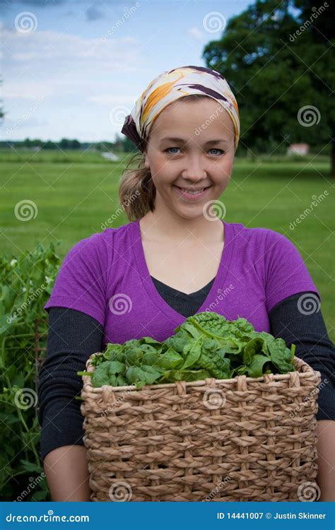Woman With Homegrown Greens Stock Image Image Of Basket Daylight