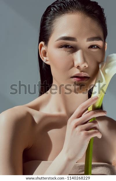 Attractive Naked Asian Woman Calla Flower Stock Photo