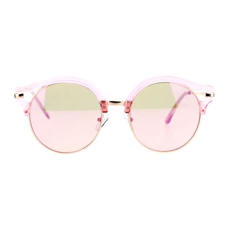 Sa106 Retro Mirrored Lens Round Circle Half Rim Womens Sunglasses Pink