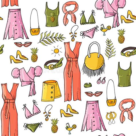 Fashion Set Of Woman`s Summer Clothes And Accessories Seamless Pattern