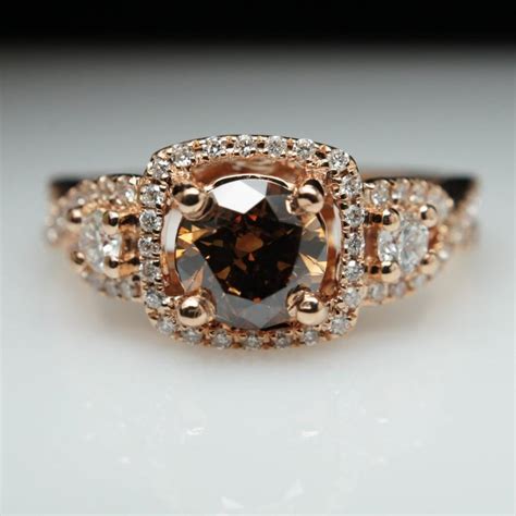 129ct Fancy Brown Diamond Three Stone Rose Gold Engagement Ring Size