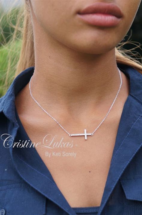 Celebrity Style Sideways Cross Necklace With Cubic Zirconia