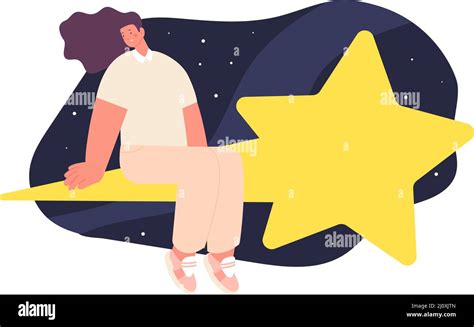 Woman On Star Girl Flying In Starry Sky Dreaming Or Success Concept