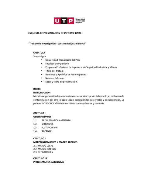 Esquema De Presentación De Informe Final Esquema De Presentaci”n De