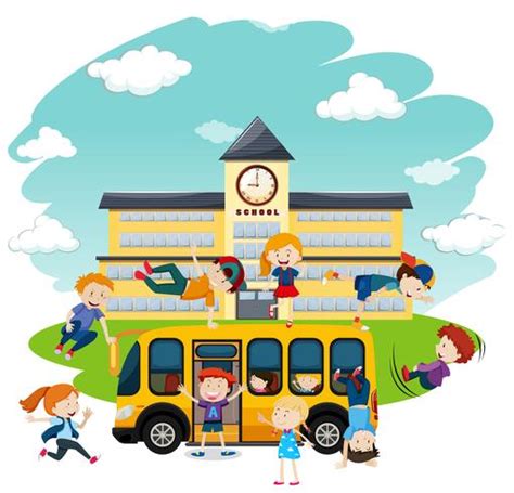 Children Playing In Front Of School And Bus 299253 Vector Art At Vecteezy