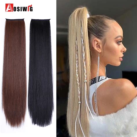 Aosiwig Long Straight Drawstring Ponytail Heat Resistance Synthetic