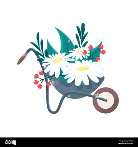 Garden Time Cute Illustration Of Wheelbarrow With Flowers Isolated On