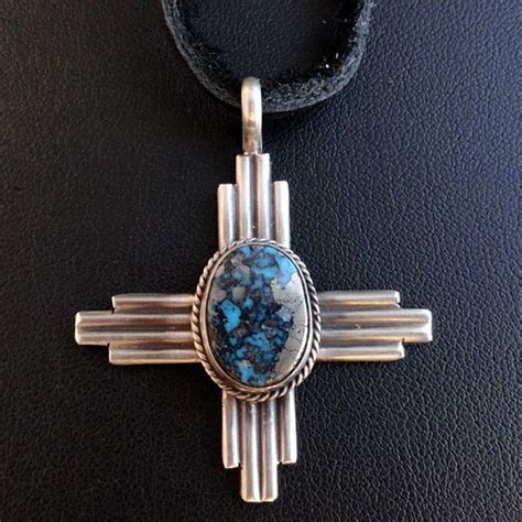 Navajo Sterling Silver Natural Kingman Turquoise Zia Symbol Pendan