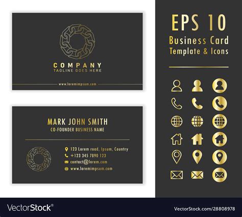 Business Card Design Template And Icon Set Golden Vector Image