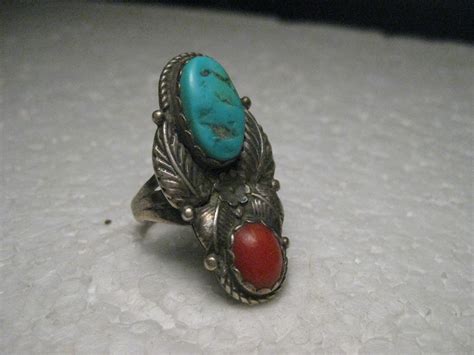 Vintage Sterling Silver Southwestern Turquoise Coral Ring Sz 7