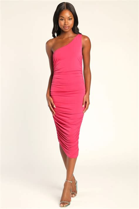 Sexy Pink Midi Dress One Shoulder Dress Ruched Midi Dress Lulus