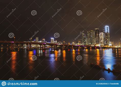 Miami Night Downtown Miami Florida Sunset Panorama With Colorful