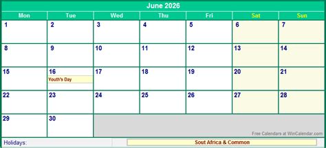 June 2026 South Africa Calendar With Holidays For Printing Image Format