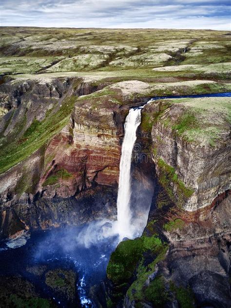 Haifoss Waterfall In The Highlands Of Iceland Aerial View Dramatic