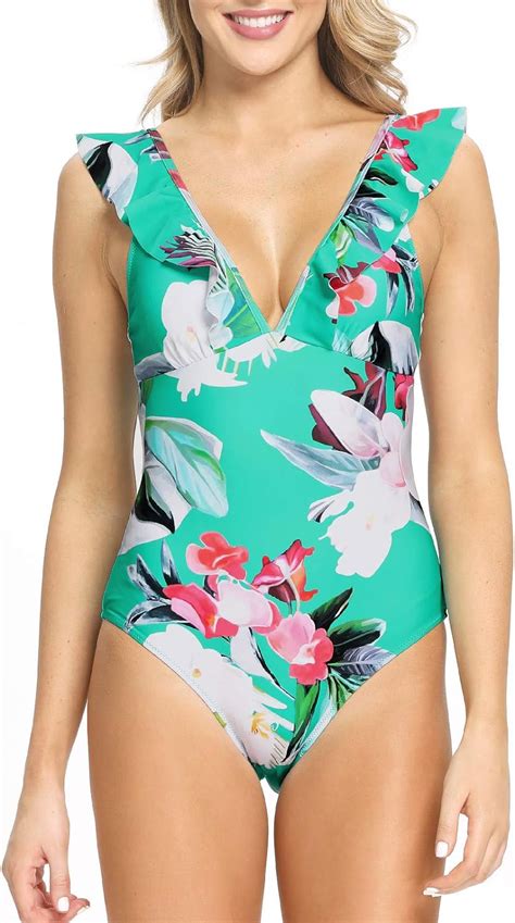 Amicabling Front Ruffle Sleeve Sexy One Piece Swimsuit V Plunge Tummy Floral Bathing Suit For