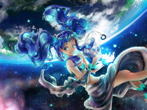 Desktop Wallpaper Moon Light Blue Hair Anime Girl Dive