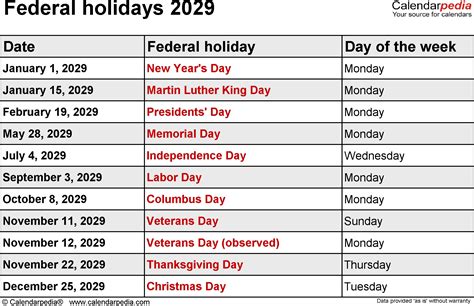 2029 Federal Holidays In United States Qualads