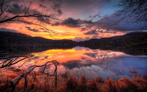Lake Sunset Evening Forest Trees Water Reflection Sky Clouds
