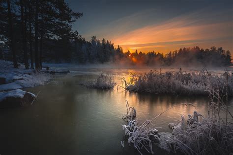 обои Солнечный лучик Деревьями пейзаж закат солнца озеро воды природа Размышления снег