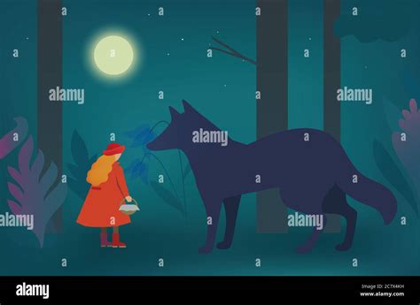 Little Red Riding Hood And Wolf In The Dark Forest Vector Illustration