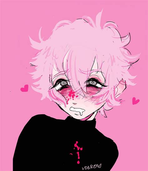 A Drawing Of A Person With Pink Hair And Black Shirt On A Pink Background