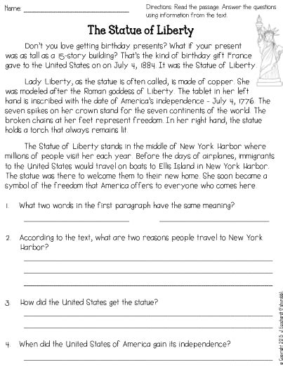 Statue Of Liberty Reading Comprehension - This is a reading passage about the Statue of Liberty with text based
