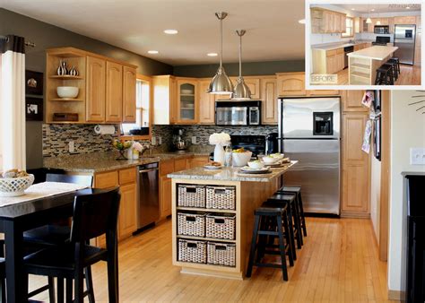 Rarely would a kitchen with golden oak cabinets be outfitted with a deeper green than medium on the walls surrounding it. kitchen-beige-wall-themes-and-brown-wooden-oak-cabinet-and-kitchen-island-with-white-countertop ...