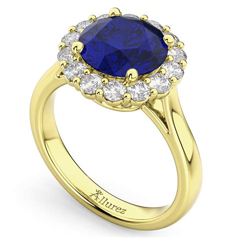 halo round blue sapphire and diamond engagement ring 14k yellow gold 4 45ct ad4504