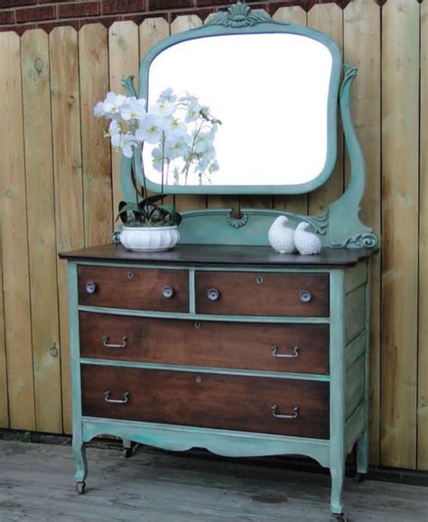 Two Tone Dresser And Mirror With Teal And Dark Stain Refurbished