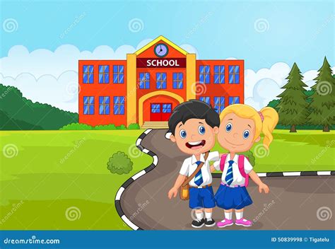 Two Happy Students Cartoon Standing In Front Of School Building Stock