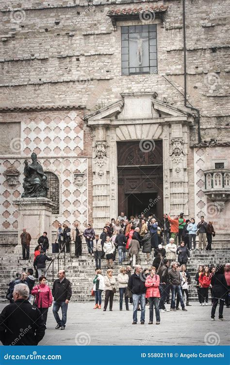 Perugia Cathedral With Crowd Of People Italy Editorial Stock Photo