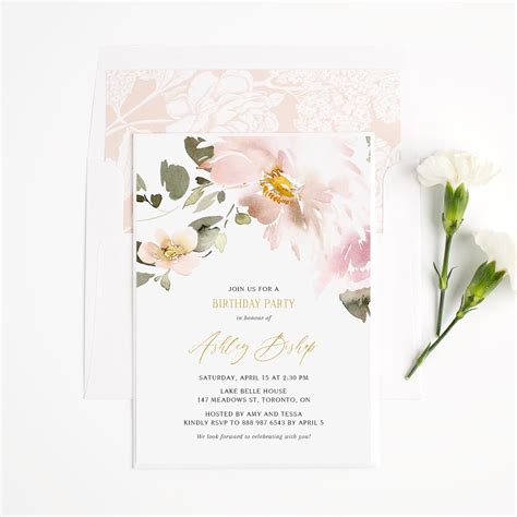 Blush Floral Birthday Invitation Template Printable Vintage Etsy