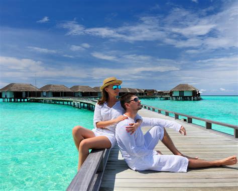 Wedding Journey Tropical Beach In Maldives Romantic Loving Couple Photo