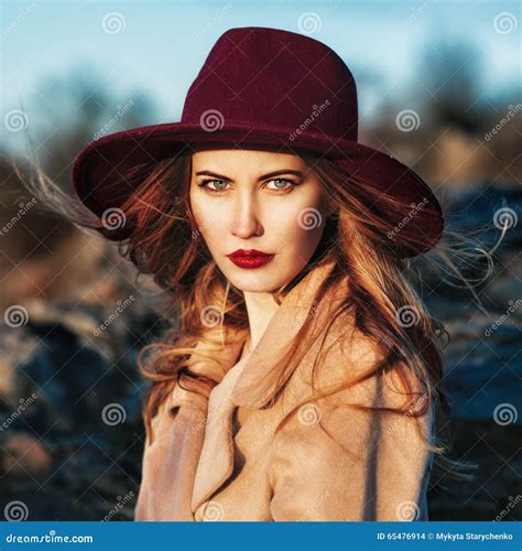 Beautiful Fashionable Woman Wearing Red Hat Stock Photo Image Of Fair