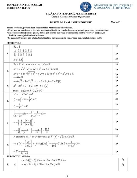 Modele Teză Matematică Clasa A 12 A M1 Mate Info Semestrul 1 Bareme