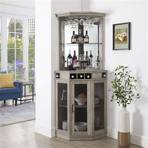 Home Source Stone Grey Corner Bar Unit With Built In Wine Rack And Lower Cabinet Walmart Com