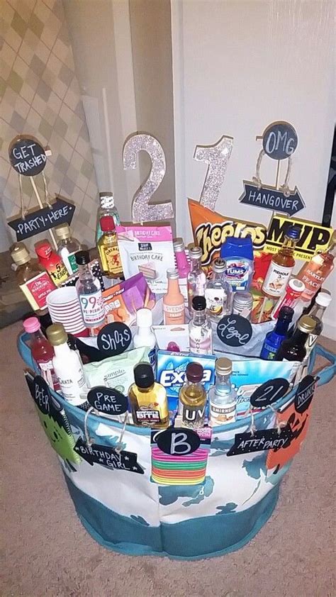 Gifts ideas for girlfriends that won't be thrown away. 21st Birthday Basket | 21st birthday basket, 21st birthday ...