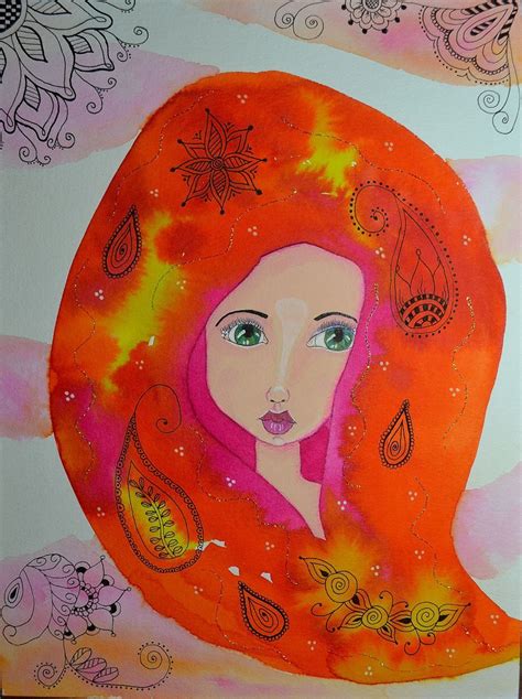 Zen Whimsical Girl Mixed Media Liquid Watercolor Watercolor Art