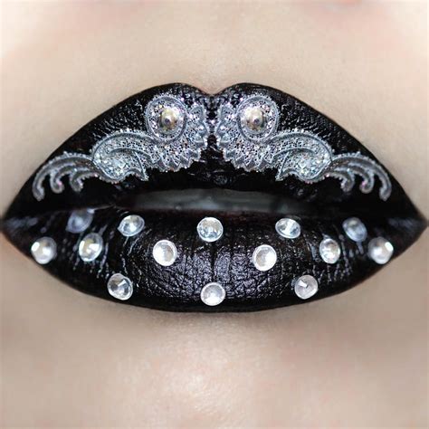 Black And Silver With Rhinestones Lip Art By Theminaficent Instagram Lip Art Lipstick Art