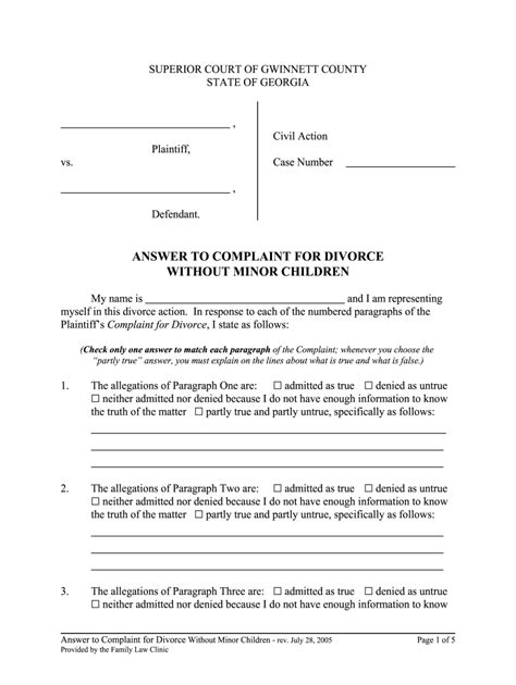 2005 Form Ga Answer To Complaint For Divorce Without Minor Children