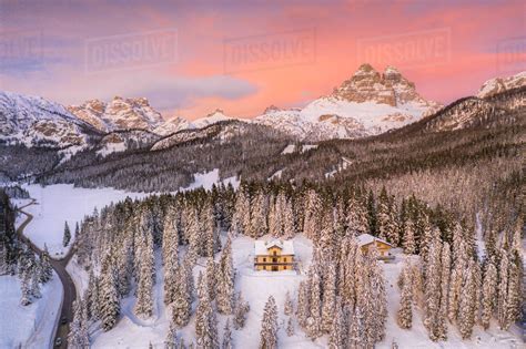 Tre Cime Di Lavaredo And Woods Covered With Snow During A
