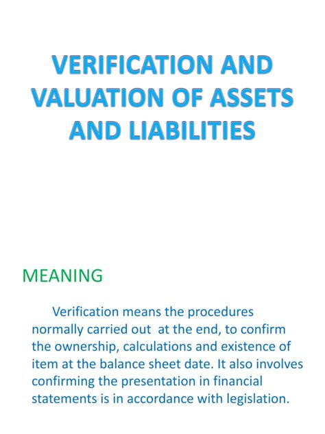 Verification And Valuation Of Assets And Liabilities Valuation