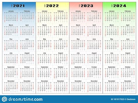 Download this annual blank calendar template for 2021 in a landscape format document. Calendar 2021, 2022, 2023, 2024 Years Set. Stock Vector ...