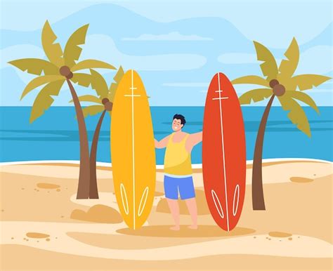 Free Vector Summer Vacation On South Beach Flat Background With Happy Male Character Holding